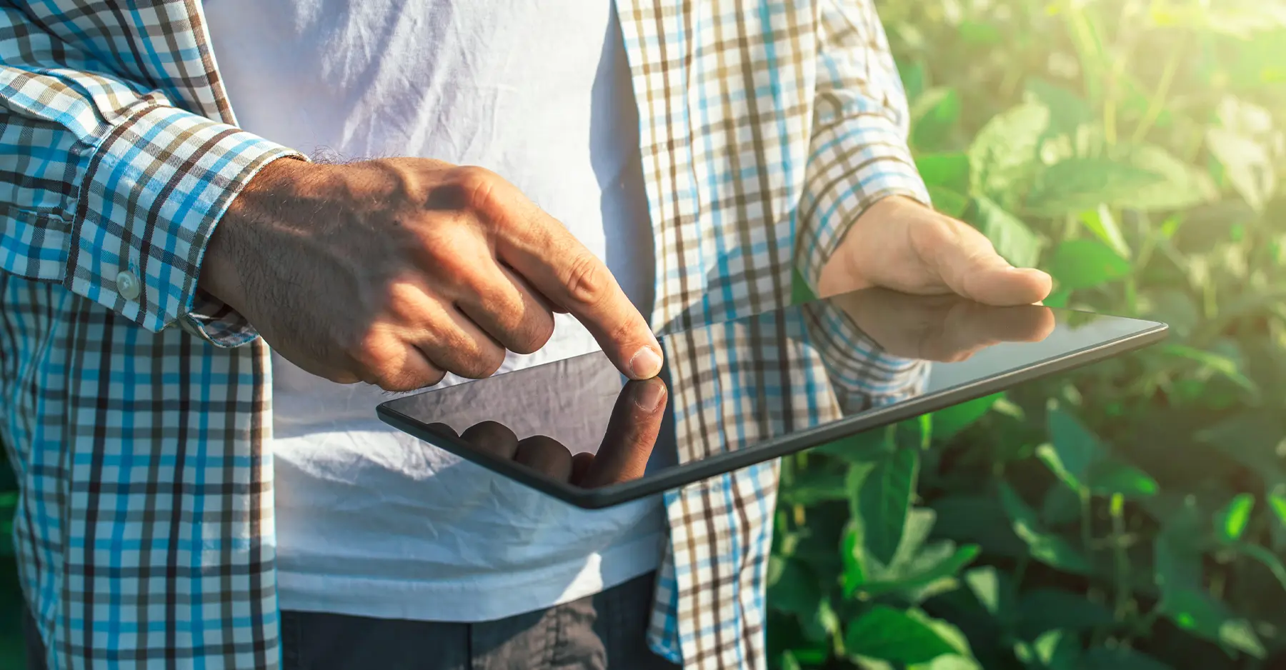 Farmer using a tablet to browse helpful farming tools online