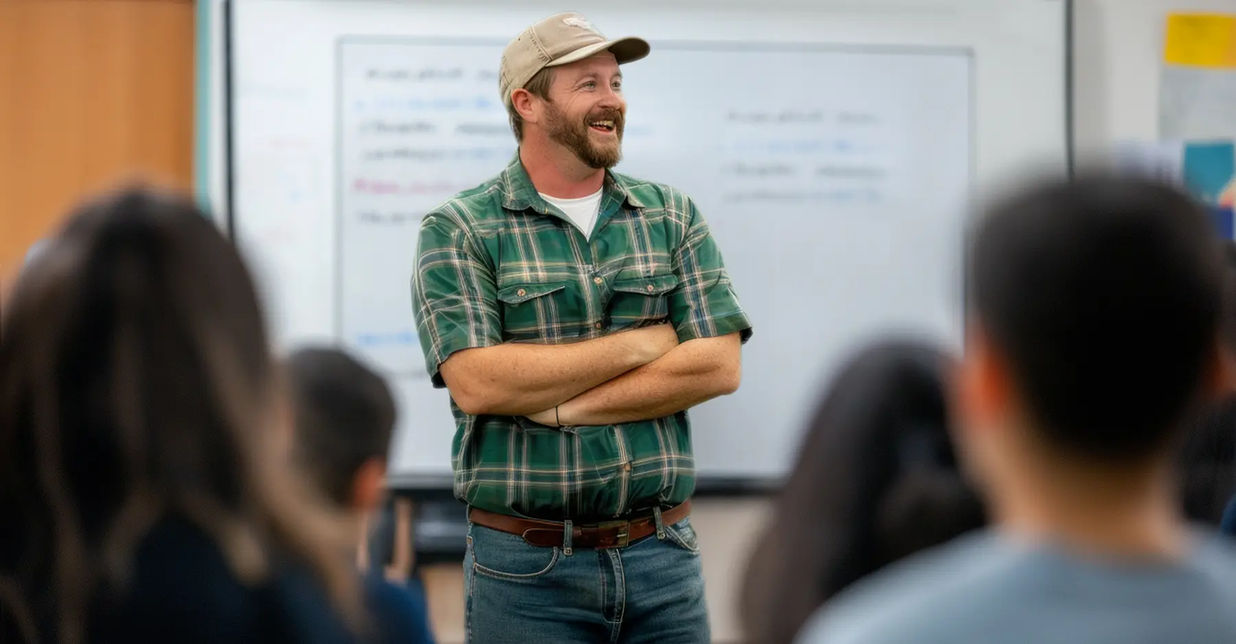 A farmer standing in front of a classroom of students